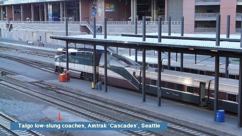 Talgo coaches coupled with standard height F-40PH locomotive at King Street station, Seattle