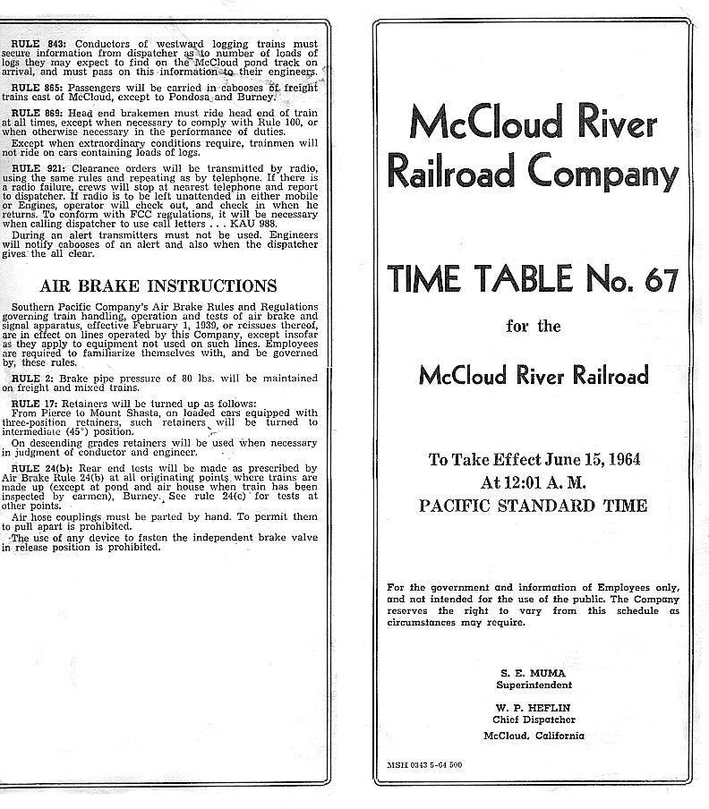 Timetable #67; front & back.