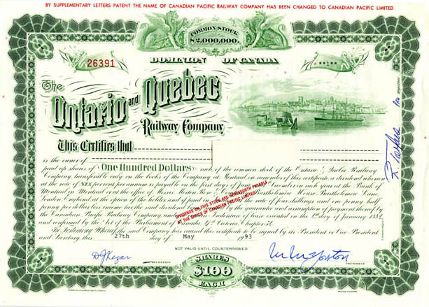 The Atlantic Quebec & Western Railway Company Bond Stock Certificate Railroad 