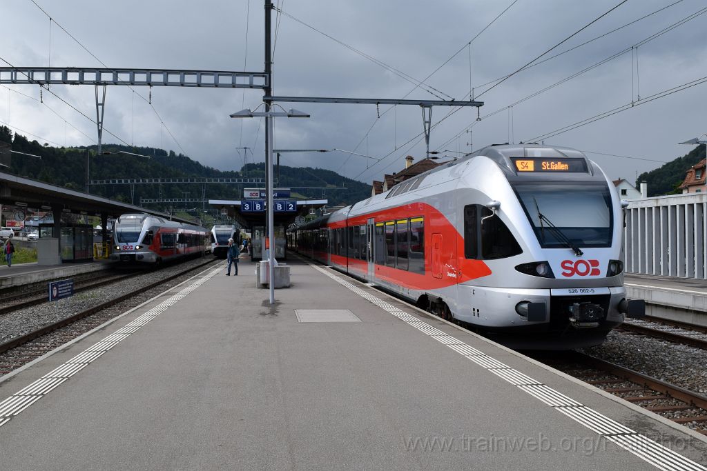 4011-0024-140716.jpg - SOB RABe 526.062-5 "Chapfenberg" + RABe 526.063-3 "Alpstein" + Thurbo RABe 526.719-0 / Wattwil 14.7.2016
