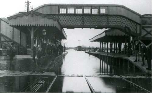 Glastonbury station in the floods pre-1901