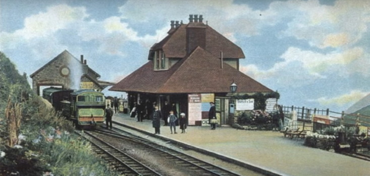 Early coloured postcard view of Lynton station