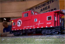 Ted Larson and a close up view of a Great Northern extended view caboose. Photo by Bob Welsh.