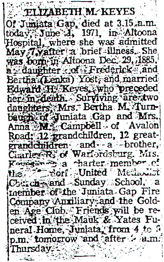 Elizabeth (Yost) Keyes 1971 obit, Altoona Mirror