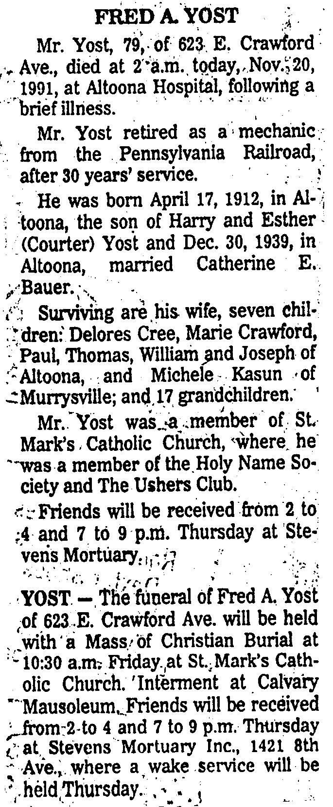 Fred Yost Obit -- Altoona Mirror