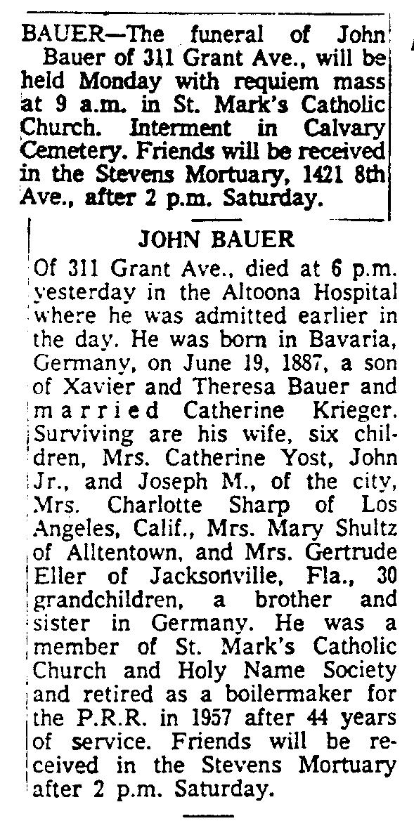 John Bauer Obit - Altoona Mirror - 10 Sept 1964