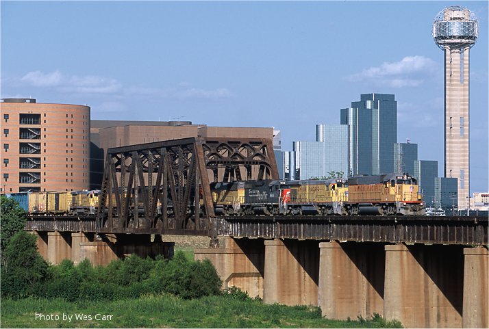 UP local crossing Trinity River.  July 2001