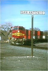 MBELELP passes San Antonio Station sign, February 2000