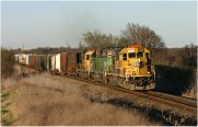 trio of SD40-2s approaching Ponder, TX