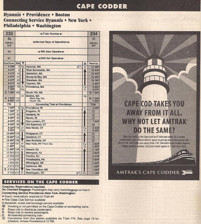 Source © Amtrak Northeast Timetable Spring/Summer 1996