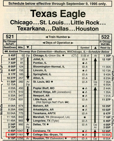 The last Amtrak timetable showing College Station-Bryan Station (issued on June 11, 1995)