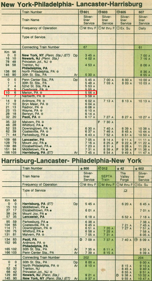 The last Amtrak timetable showing Merion Station (issued on April 29, 1979)